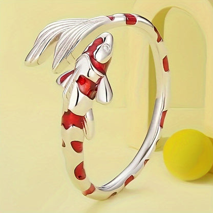 Elegant Koi Fish Enamel Open Ring for Women, Adjustable Personality Ring, Synthetic Zirconia Copper Bottom, April Birthstone, Party and Casual Attire Accessories, Unique Vacation Style Animal Themed Jewelry
