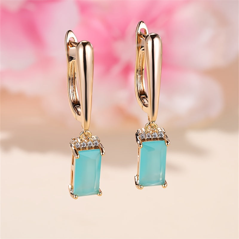 [Elegant Style] Elegant Teal Zirconia Geometric Pendant Earrings - Ladies Gold Fashion Jewelry, Suitable for Weddings and Parties, with Sparkling Square Crystal Zircon Embellishment, Stylish Earrings