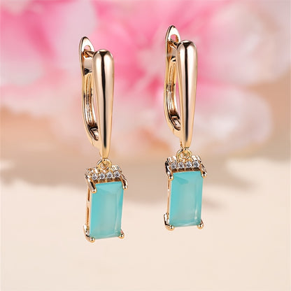[Elegant Style] Elegant Teal Zirconia Geometric Pendant Earrings - Ladies Gold Fashion Jewelry, Suitable for Weddings and Parties, with Sparkling Square Crystal Zircon Embellishment, Stylish Earrings