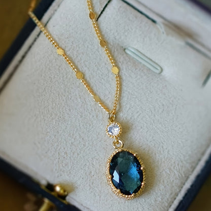 1 Elegant Retro Style Ladies Fashion Necklace with Luxury Synthetic Sapphire Pendant - Gold Tone, Machische Stone, Crystal Set, Suitable for Party and Daily Wear, September Birthstone, Box Free