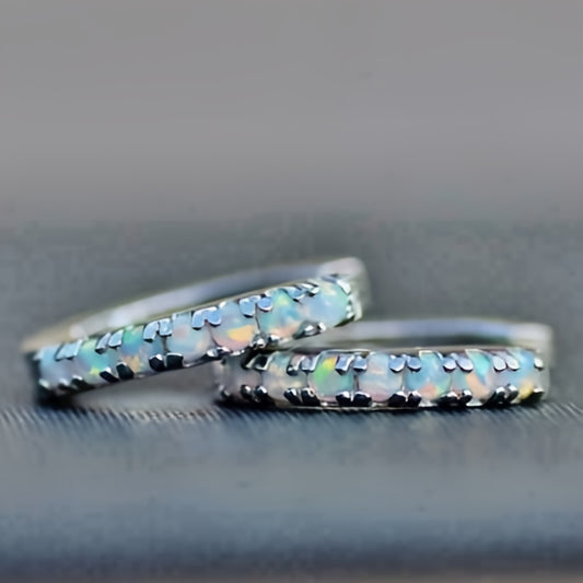 1 Pair of Bohemian Synthetic Opal Ring Earrings Women's - Elegant Vintage Jewelry with Iridescent Blue, Green, Yellow, and Pink Opals, Nickel-Free Copper Band, Perfect for Parties, Everyday Wear, and Festivals |Copper Earrings, Novelty Earrings