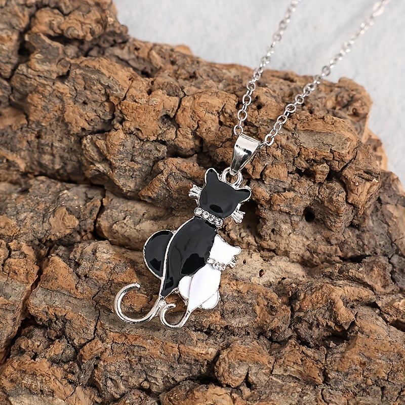 Black and white kitten cat pendant necklace ladies