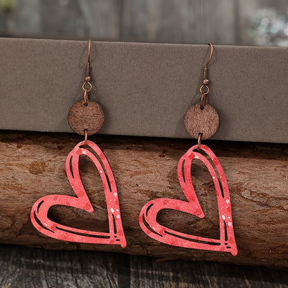 Hollow Red Heart Design Pendant Earrings Vintage Bohemian Style Wooden Jewelry Valentine's Day Gift for Lover