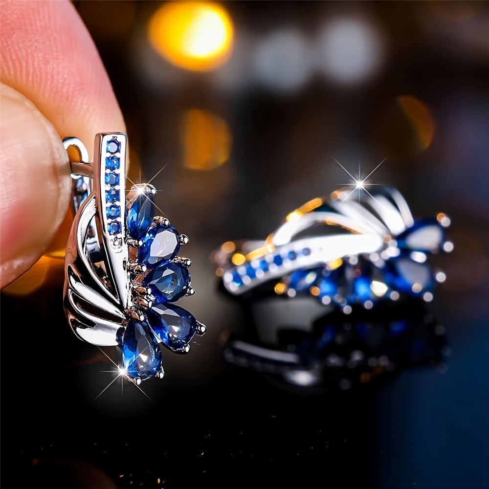 Valentine's Day Bohemian Clip-on Earrings - Copper Leaf Floral Design with Synthetic Blue Zirconia, Water Drop Cut Stone, Wedding Bridal Jewelry, All-Season Versatile Accessories, Gifts for Her