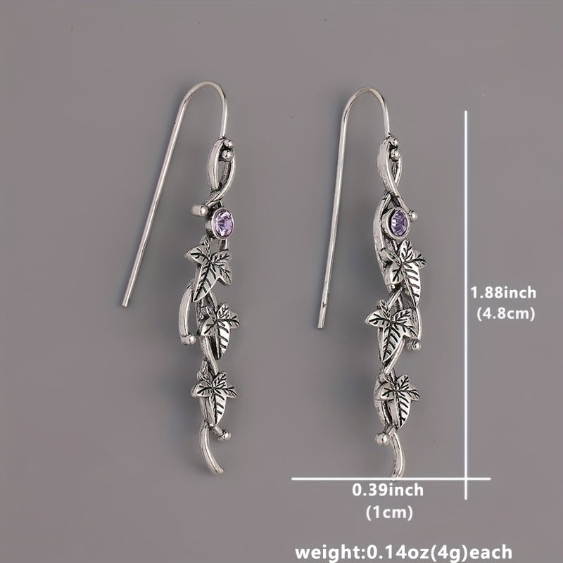 1 Pair Exquisite Silvery Boho Chic Engraved Leaf Drop Dangle Earrings - Inlaid with Colorful Synthetic Gemstones, 925 Silver Plated, Hypoallergenic, Durable, and Elegant - Perfect for Fashionistas and Bohemian Lovers