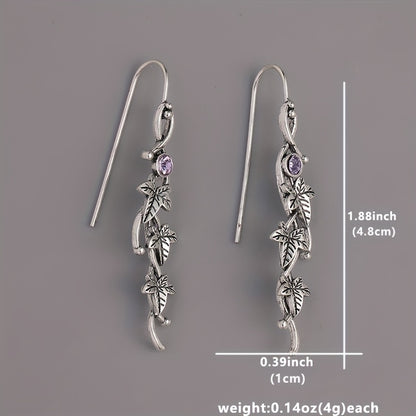 1 Pair Exquisite Silvery Boho Chic Engraved Leaf Drop Dangle Earrings - Inlaid with Colorful Synthetic Gemstones, 925 Silver Plated, Hypoallergenic, Durable, and Elegant - Perfect for Fashionistas and Bohemian Lovers