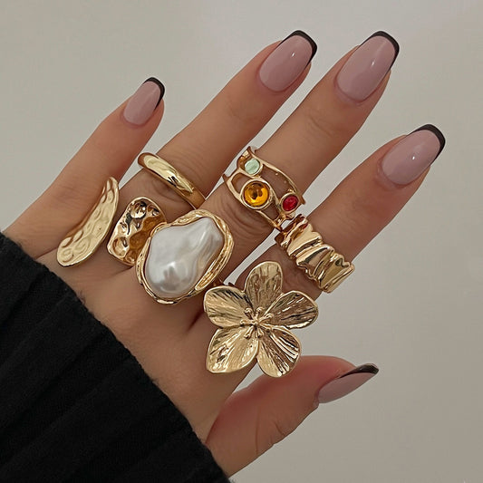 Design Liquid Lava Flower Opening Ring Ins Baroque Imitation Pearl Set Gemstone Ring