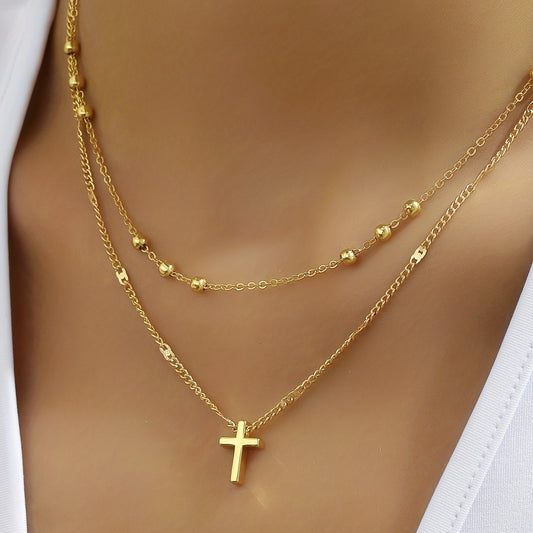 Vintage Cross Pendant Bead Chain Collarbone Chain Double Necklace Women's Holiday Jewelry Gifts