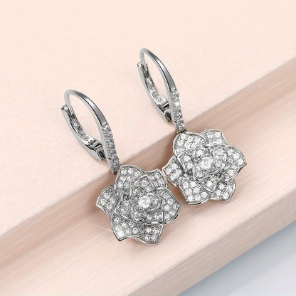 Flower-shaped hook earrings, sparkling zircon, suitable for women's daily leisure, gifts for exquisite jewelry lovers