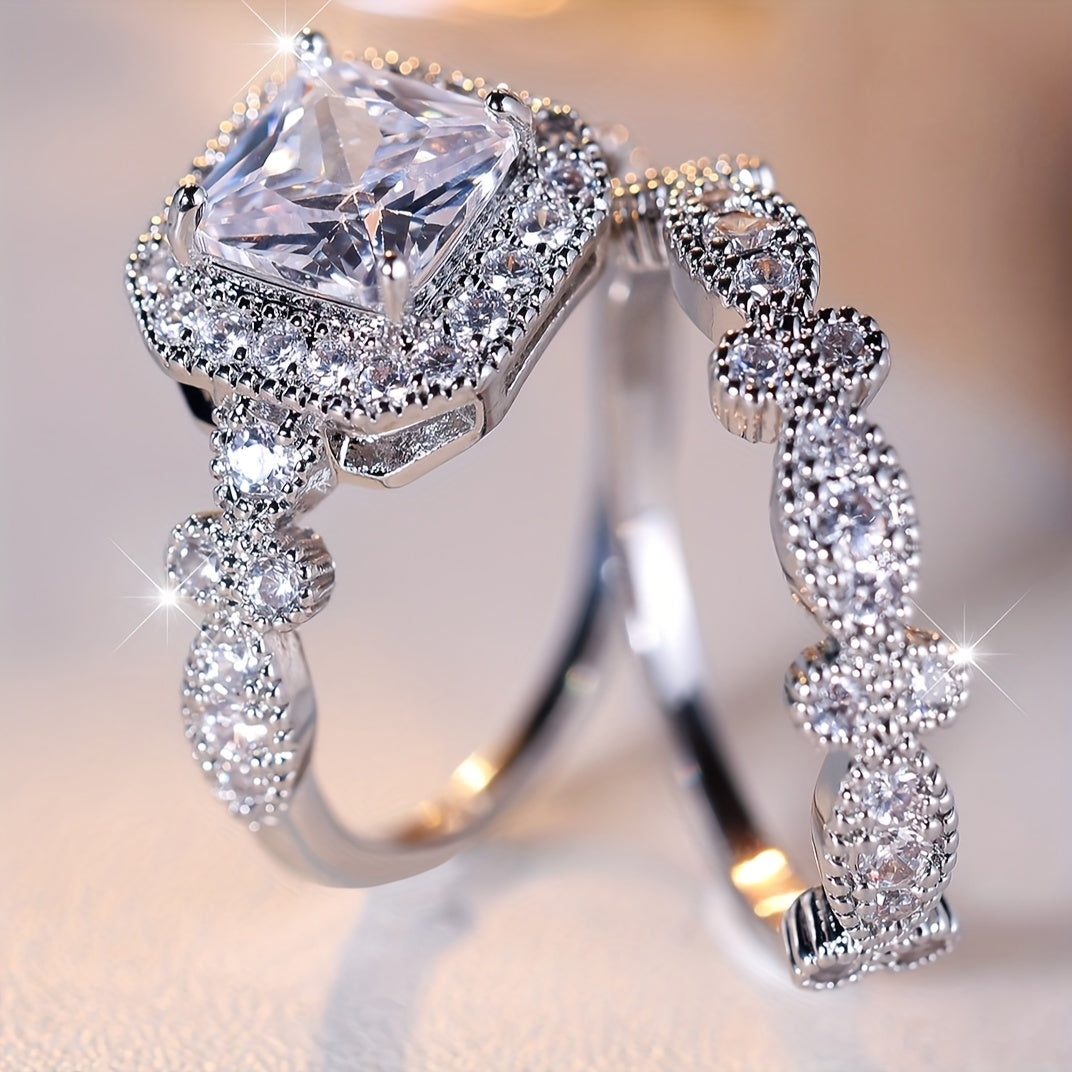 2 elegant promise rings, halo ring + eternity ring, paved with sparkling zircon, engagement wedding ring, suitable for bridal dinner party decoration