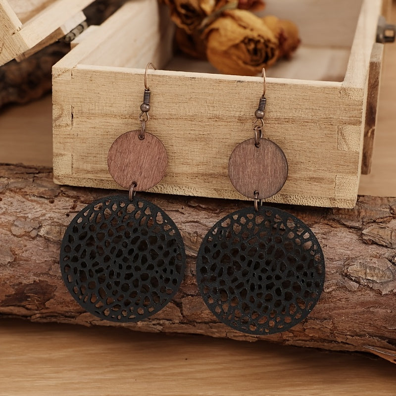 Hollow Round Pendant Earrings, Bohemian Vintage Wooden Leather Earrings, Jewelry, Ladies Gift Accessories, Fall/Winter Earrings