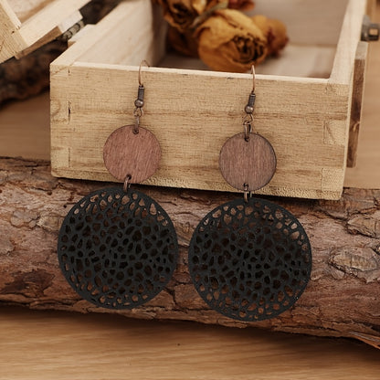 Hollow Round Pendant Earrings, Bohemian Vintage Wooden Leather Earrings, Jewelry, Ladies Gift Accessories, Fall/Winter Earrings