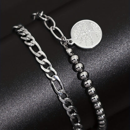 Two Punk Style Tree of Life Copper Pendant Stainless Steel Chain Men's Bracelet Set for Party, Casual, Holiday and Travel Accessories