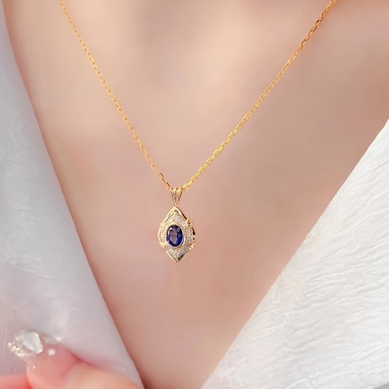 Elegant Vintage Style Blue Synthetic Gemstone Pendant Necklace Ladies, Engagement Anniversary Jewelry Gift for Lover, Vintage Elegant Design