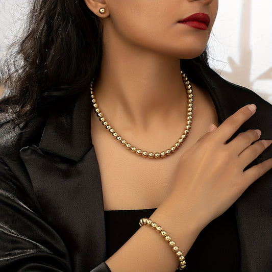 Simple retro beaded necklace/elastic bracelet/earring set