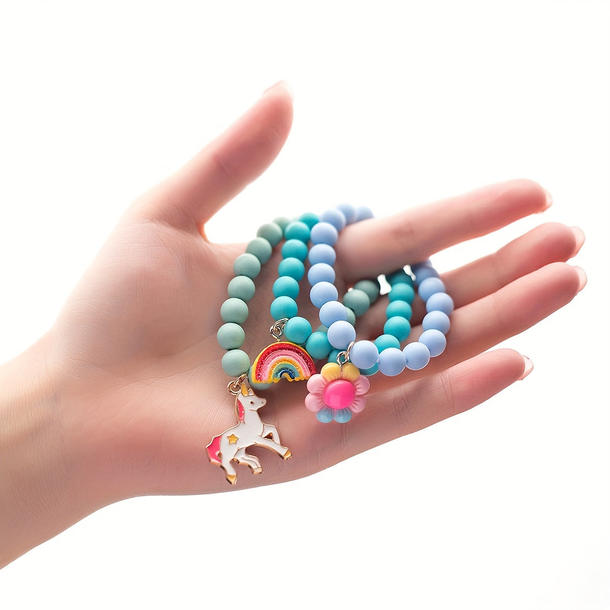 3Pcs Cute Unicorn, Sunflower, Rainbow Charm Beaded Unicorn Sunflower Rainbow Bracelet Set