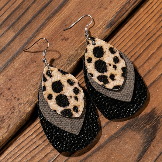 Retro-style multi-layer teardrop PU leather earrings with leopard print and gradual change design - stylish personality jewelry for casual wear or parties