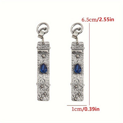 Vintage Bohemian Silver Plated Long Hang Earrings with Blue Gemstone and Floral Pattern - Alloy and Iron, Vintage Drop Resin Stud Earrings for Casual Wear, Vintage Style, Bohemian Style