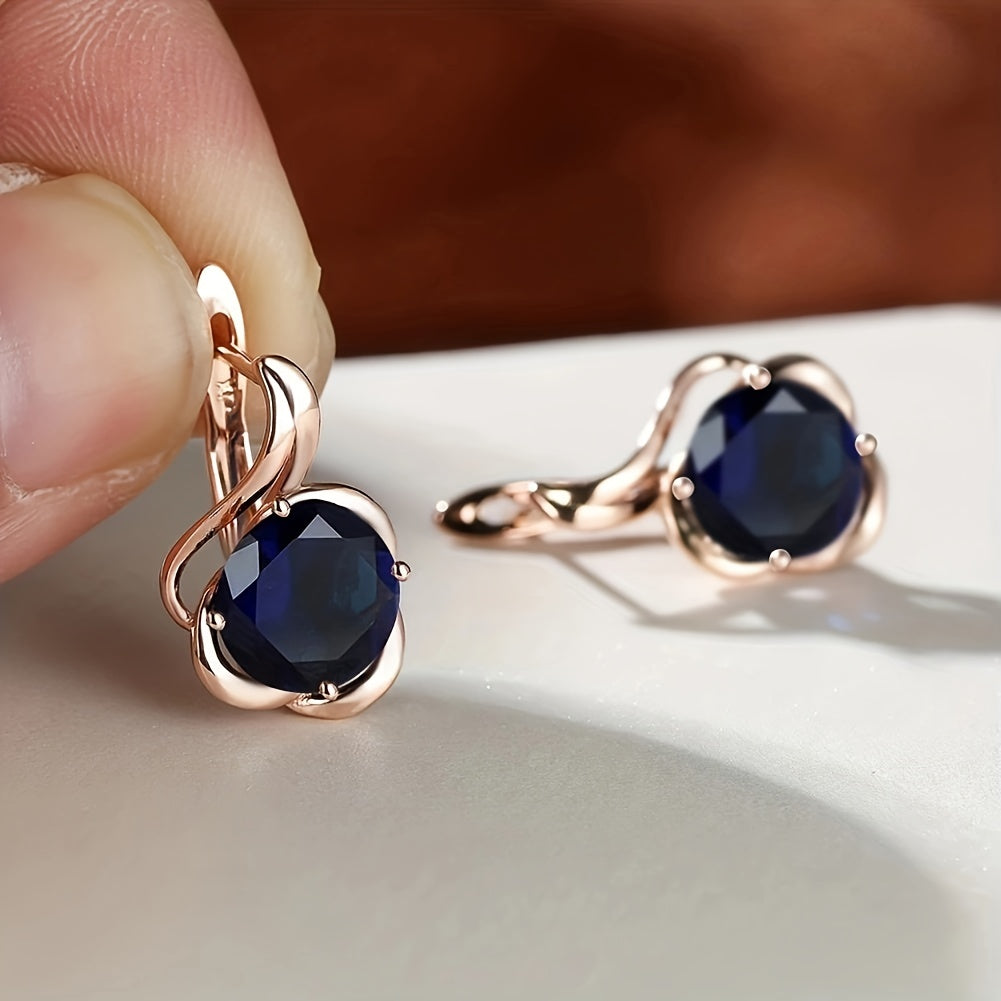 Flower-shaped British lock earrings with round shiny Zirconia, sweet copper earrings