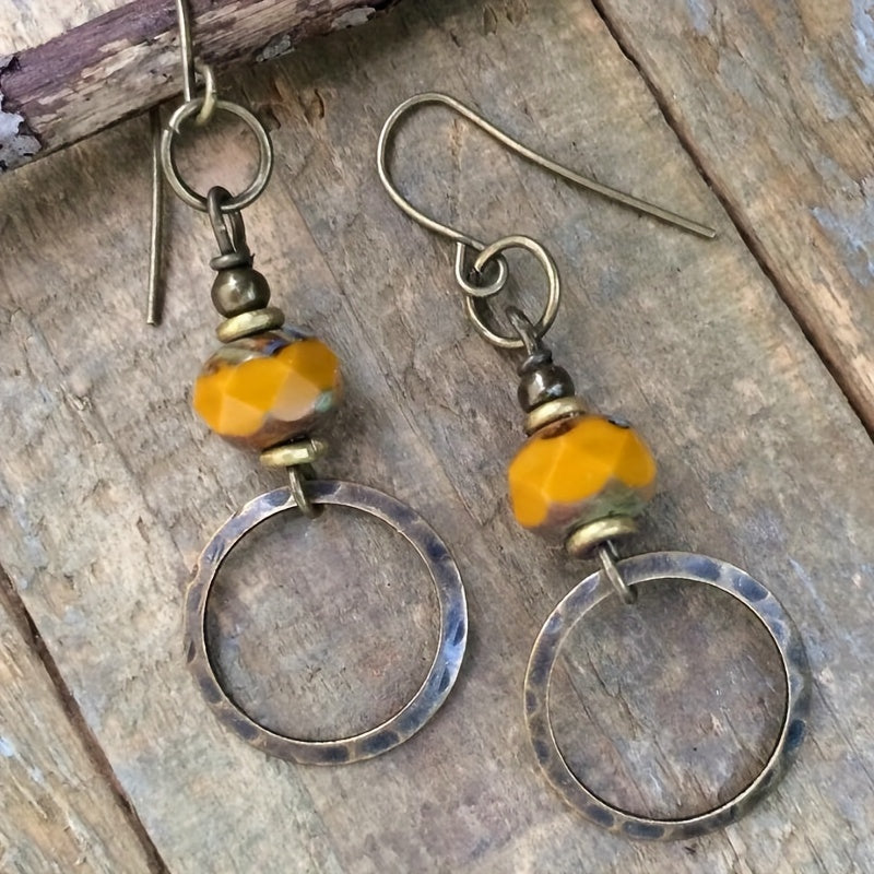 Classical hollow round yellow turquoise decorative pendant earrings, retro minimalist style alloy jewelry, travel souvenirs