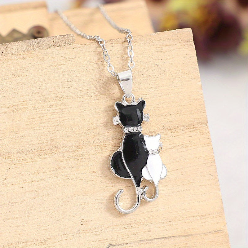Black and white kitten cat pendant necklace ladies