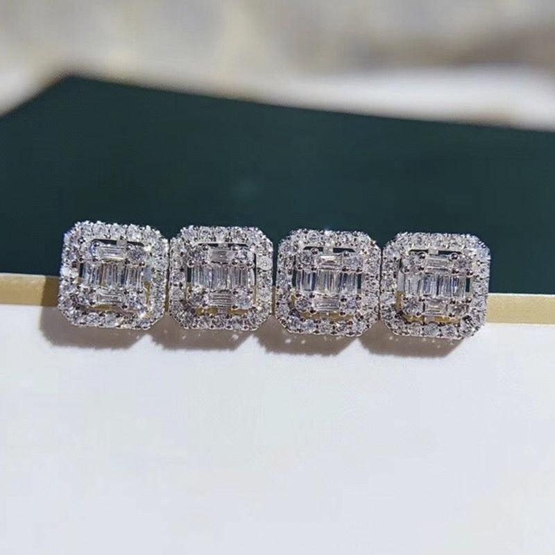 Silver Plated Geometric Square Crystal Stud Earrings Bridal Wedding Engagement Ladies Jewelry
