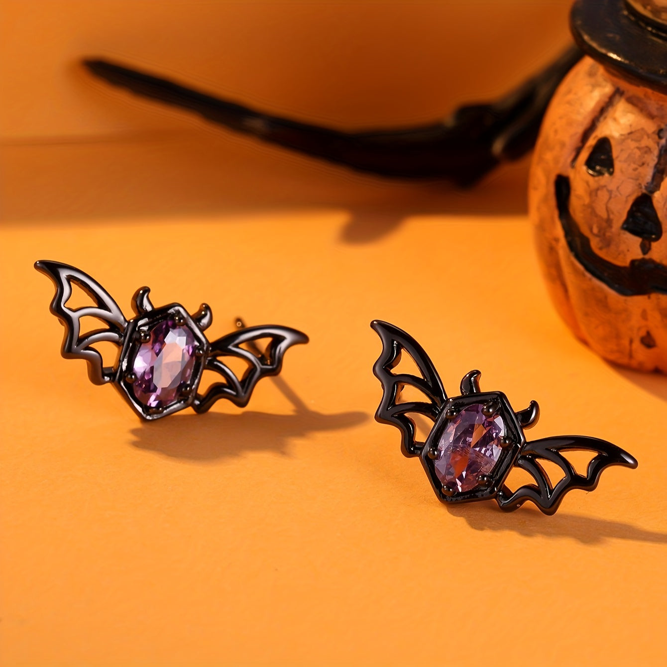 Ladies Gothic Black and Purple Bat Earrings - Vintage punk style with synthetic gemstones, nickel-free copper, perfect for Halloween and casual costumes, Halloween earrings