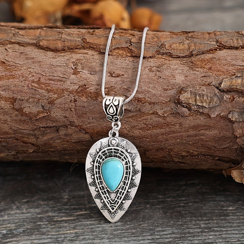 Classical engraved drop-shaped turquoise pendant, bohemian turquoise necklace