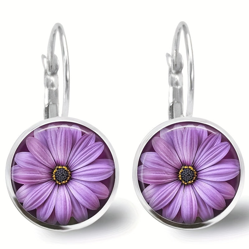 Vintage round sunflower pattern pendant earrings, simple retro style silver-plated jewelry, fashionable women's gifts