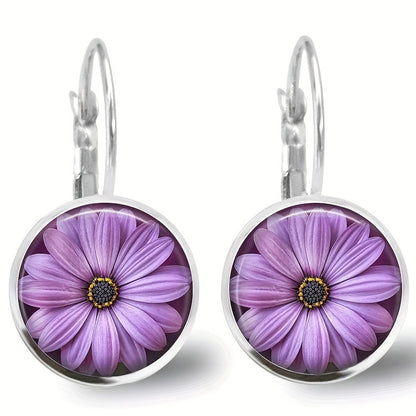 Vintage round sunflower pattern pendant earrings, simple retro style silver-plated jewelry, fashionable women's gifts