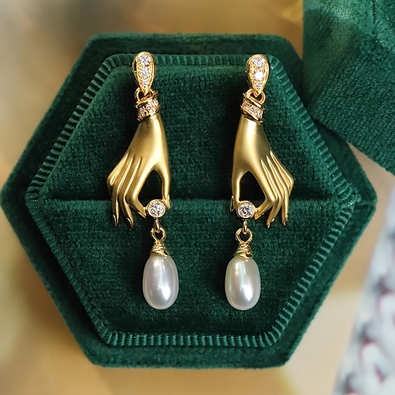 Elegant gold hand earrings with Zirconia and imitation pearl pendants, fashionable Women's jewelry for parties and daily wear - gift box not included