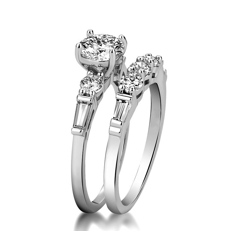 Round Cut Square Crystal Zircon Claw Set with 925 Silver Plated 2-Piece Women's Wedding Ring Set