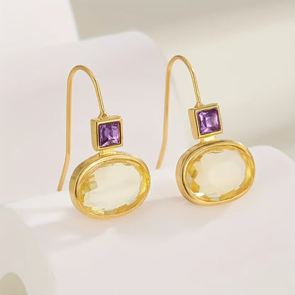 A pair of vintage bohemian 14K gold-plated brass stud earrings with champagne glass drops and purple trim - elegant drop ear stud earrings for Women's daily wear and gift giving, Christmas ornament collection