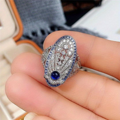 Fashion Antique 925 Silver Gold Plated Ring for Women with Blue Rhinestone Zircon Engagement Party Ring Vintage Jewelry Anniversary Gift