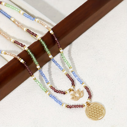 2 pendant necklaces, Bohemian crystal bead lotus pendant double necklace, holiday party music festival daily accessories