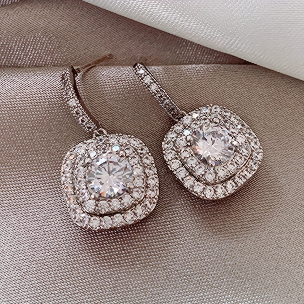 Square zircon pendant earrings, vintage elegance, silver-plated jewelry, wedding banquet accessories.