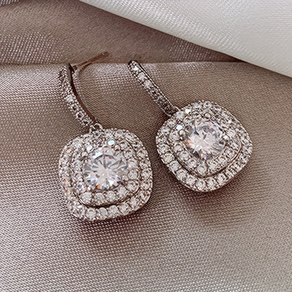 Square zircon pendant earrings, vintage elegance, silver-plated jewelry, wedding banquet accessories.