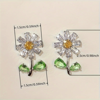 Creative design flower-shaped yellow faux gemstone 925 silver-plated Zirconia stud earrings, ladies birthday party gift jewelry