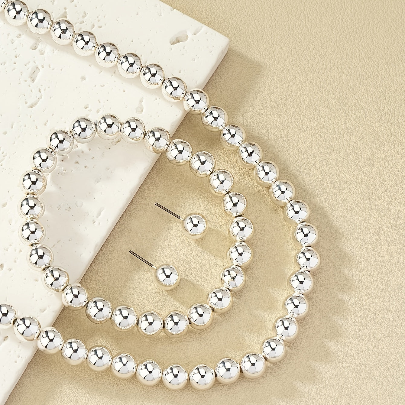 Simple retro beaded necklace/elastic bracelet/earring set