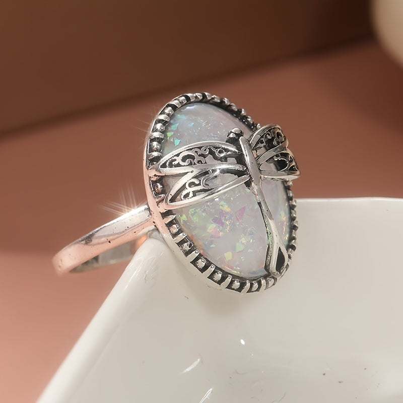 Vintage Bohemian Female Dragonfly Ring with Copper Base and Synthetic Opal, 925 Silver Plated - Perfect for Christmas, Seasons, Everyday Wear and Gifts
