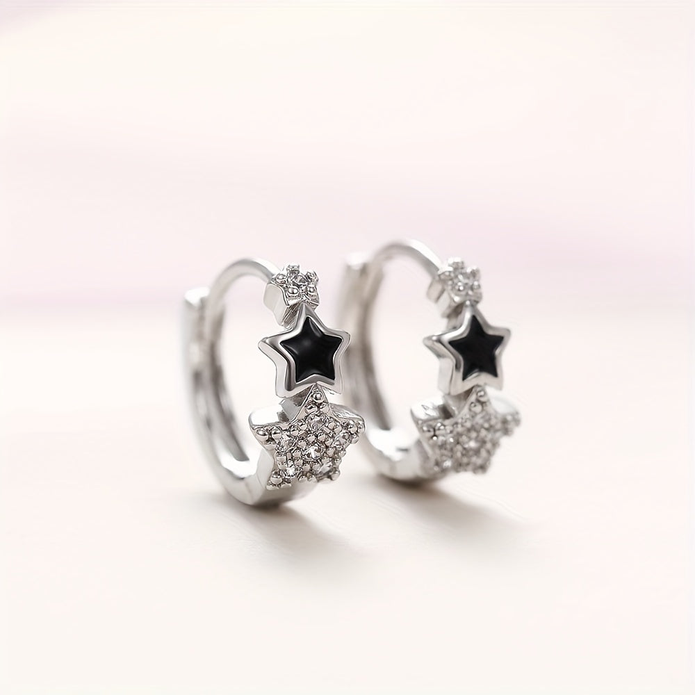 Fashion 925 Silver Plated Zirconia Black Enamel Star Ring Earrings Women's Casual Accessories