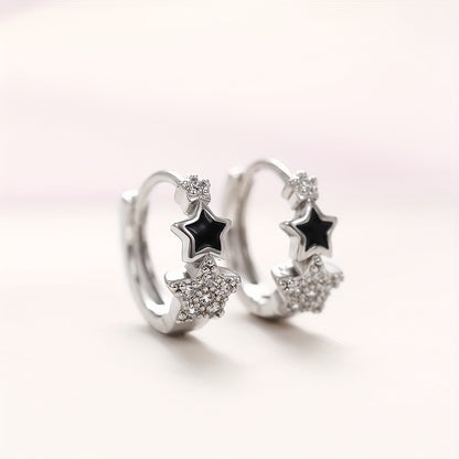 Fashion 925 Silver Plated Zirconia Black Enamel Star Ring Earrings Women's Casual Accessories