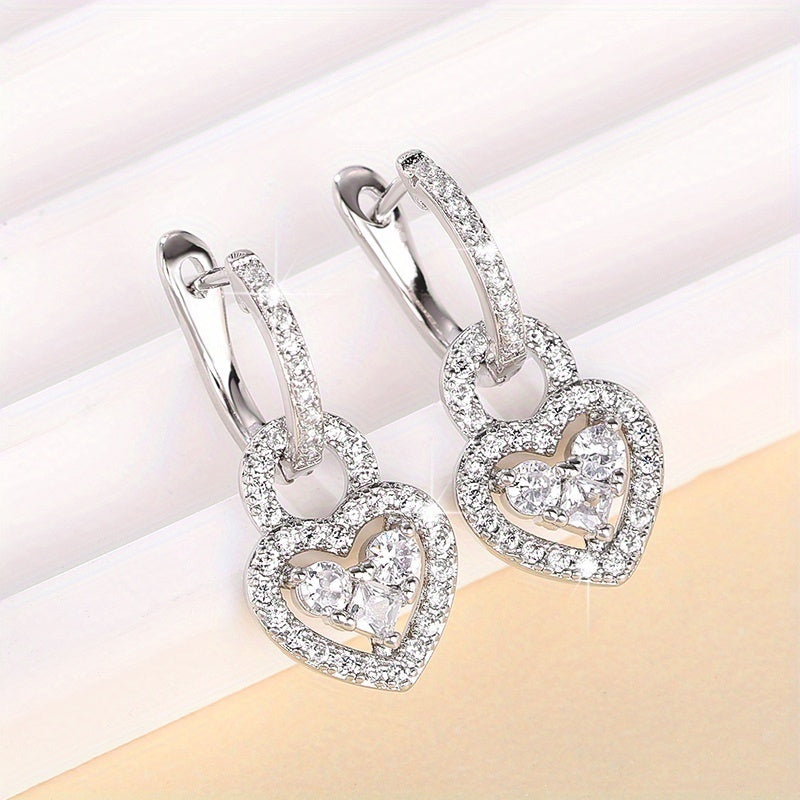 Exquisite paved zircon heart-shaped water drop earrings, daily accessories for women's parties