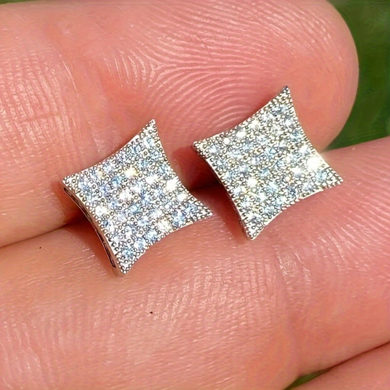 Ladies and Men's Elegant Square Glitter Earrings, Copper Synthetic Zirconia Inlay, Nickel Free Plating, Stylish Geometric Design, April Birthstone, Everyday Party Jewelry