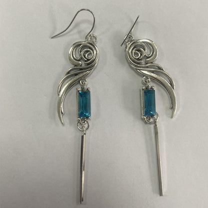 Silver stud earrings, blue-green square artificial diamonds, hollow metal design, zinc alloy, copper ear needles, glass setting, nickel ion, daily wear