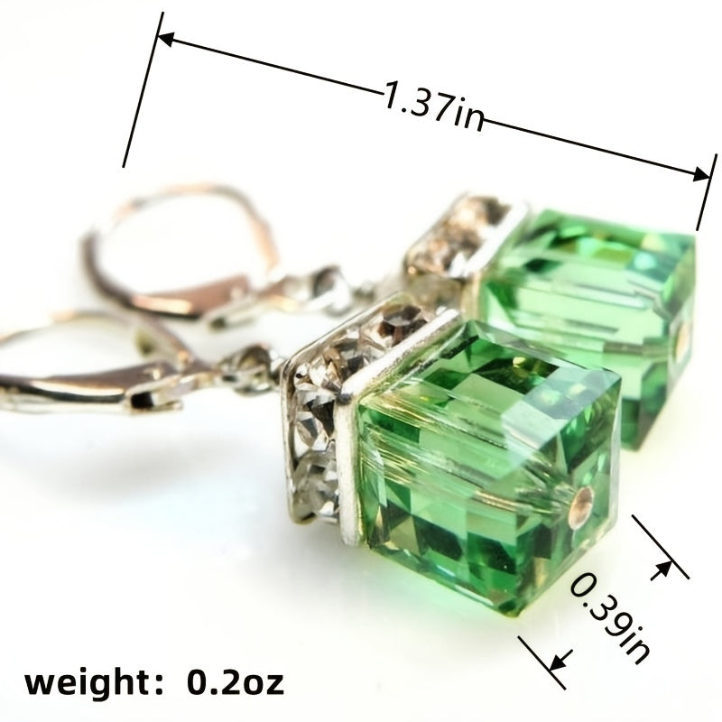 Stylish Silver Set Green Gemstone Hanging Earrings Women's Shiny Zirconia Hook Hanging Earrings Wedding Jewelry