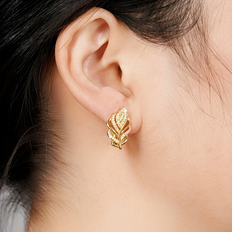 Delicate leaf design ring earrings, copper jewelry, inlaid with shiny Zirconia, elegant and luxurious style, Women's daily party wear