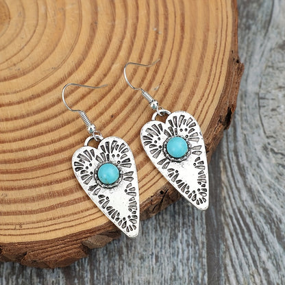 Retro heart-shaped silver-plated pendant earrings with turquoise and engraved fireworks pattern, alloy structure, iron earrings, suitable for daily wear