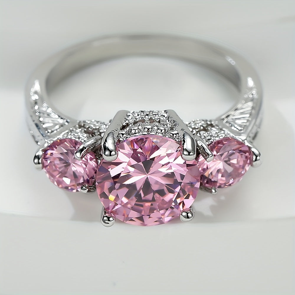 Luxury Women's Pink Stone Ring Glamour Silver Women's Wedding Ring Large Round Zirconia Engagement Ring