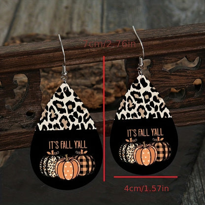 Vintage Style Halloween Pumpkin and Leopard Drop Earrings - Lightweight PU Leather, Perfect for Party and Holiday Occasions, Holiday Jewelry | Playful Designs | Iron Ear Hooks